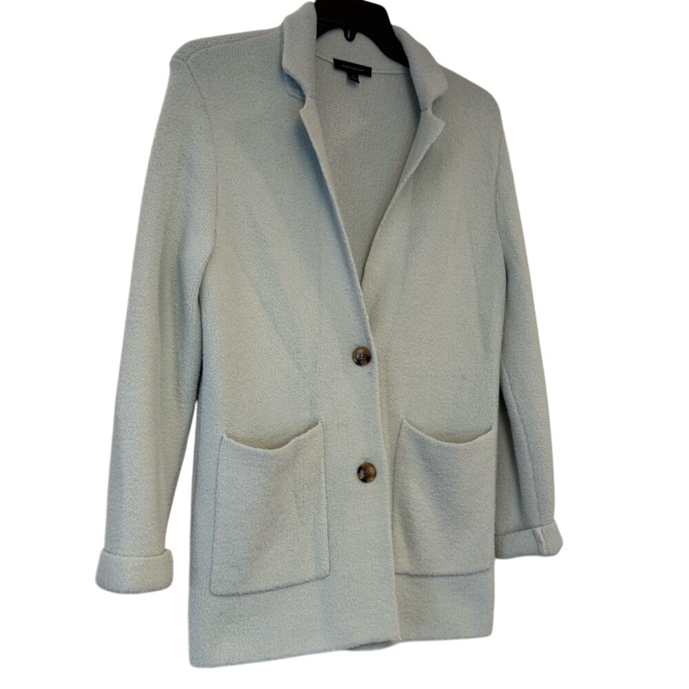 Ann Taylor Sage‎ Green Knit Blazer Cardigan Sweater Pockets Small RN77379